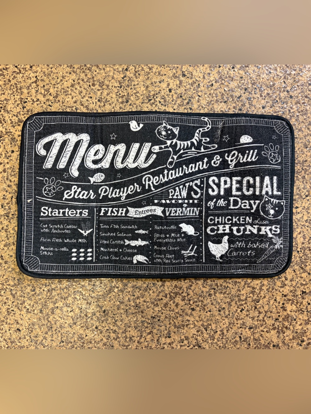 Cat Food & Water Bowl Feeding Mat – Black Menu Design